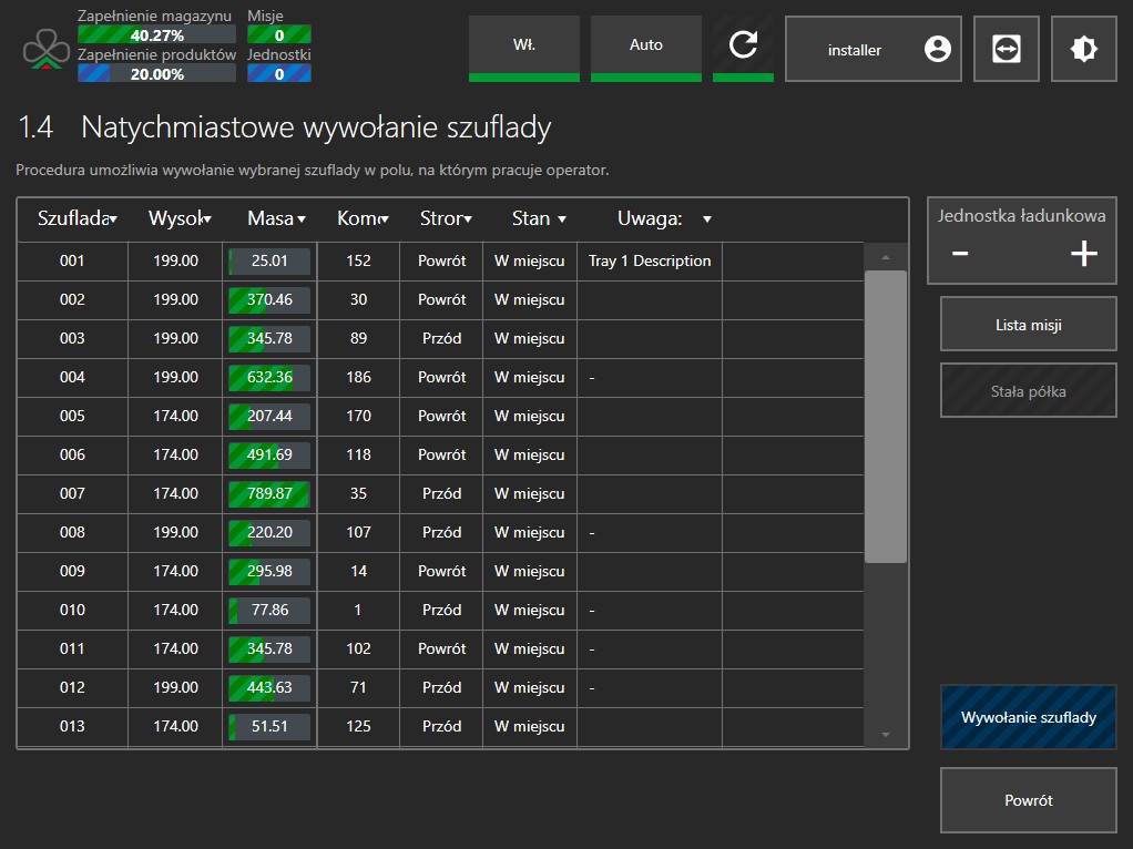 Zrzut ekranu panelu operatorskiego przy maszynie